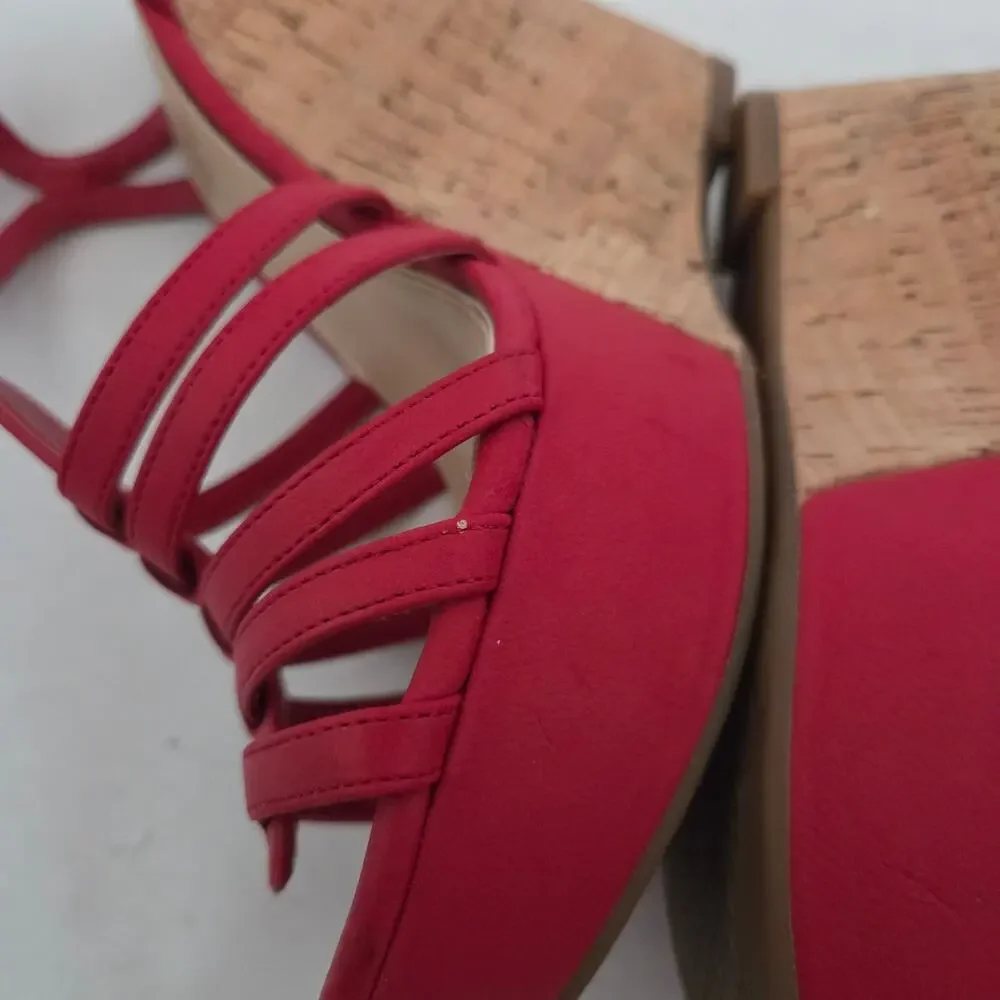 Jessica Simpson Brinlee Red Strappy Tall Cork Wedge Sandals Baddie Summer Sz 7.5